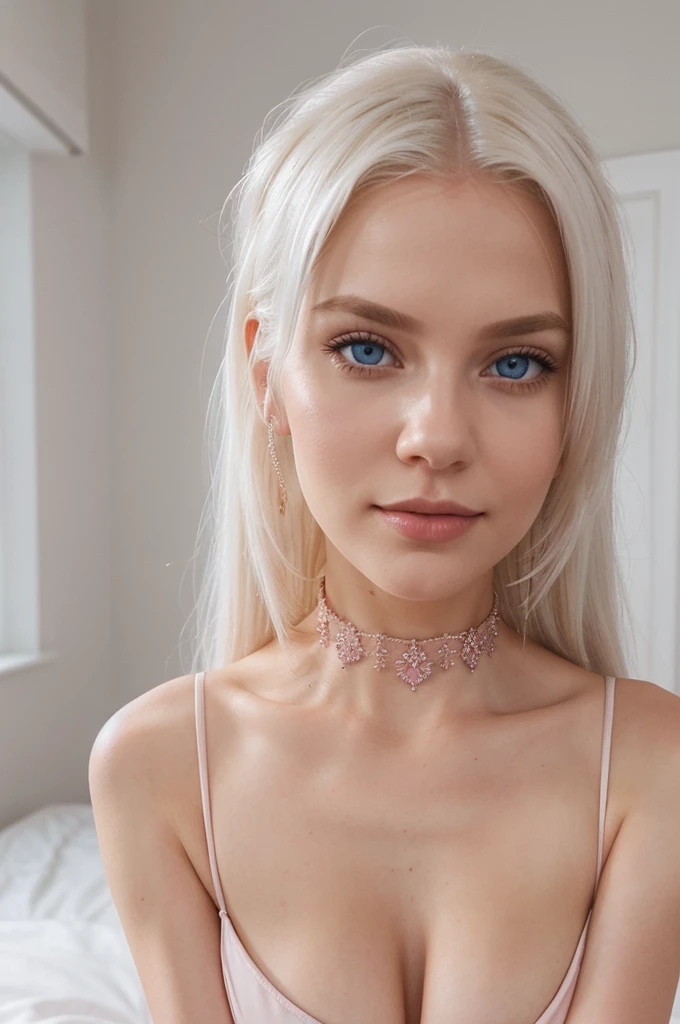 Instagram selfie of a russian model girl in pink flluffy tight dress. shoulders opened. Bedroom on the background. platinum blonde. White hair. photo from above. photo from above. photo from above. lips half opened. pink tiny choker on the neck. Live photo in motion. Selfie. light smile on her lips. White hair falling on shoulders. White hair falling on shoulders. White hair falling on shoulders. White hair falling on shoulders. blue eyes. upper body visible. vogue opened pose. She should have a happy expression. soft lights. detailed hairstyle, long hair falling on shoulders, symmetrical. photo from instagram.

