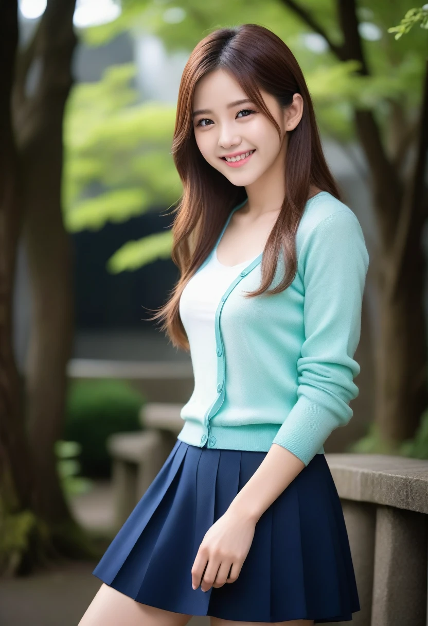 8k, Ultra-high resolution, Highest quality, masterpiece, 三分割法によるphotograph,Surreal, photograph, 1 girl, (16 years old:1.3), pretty girl, Cute face, Beautiful eyes in every detail, 細かくdetailedに,masterpiece,, One Girl:1.2, Japan Female Announcer,Young Wife,Urban area,street tree,green,White shirt,cardigan,Summer knitwear,Full of cleanliness,A carefree smile,Healing the heart,Looking at the audience、beauty,Long neck、Laugh a little、Please close your mouth and laugh、(((Ideal body type))),A-cup small breasts :2,、Portraiture:2、Perfect Anatomy、鮮明なdetailed、detailed、Surreal、Light and shadow,Strong light
