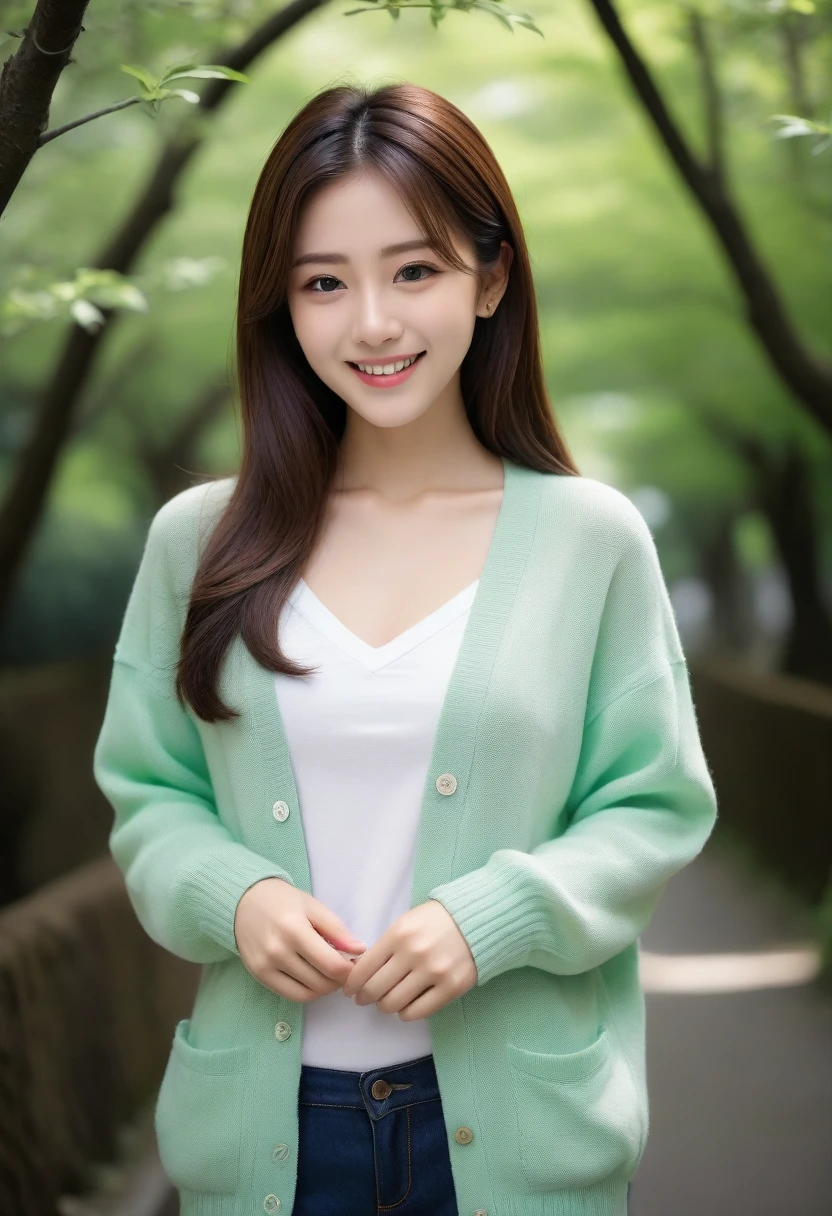 8k, Ultra-high resolution, Highest quality, masterpiece, 三分割法によるphotograph,Surreal, photograph, 1 girl, (:1.3), pretty girl, Cute face, Beautiful eyes in every detail, 細かくdetailedに,masterpiece,, One Girl:1.2, Japan Female Announcer,Young Wife,Urban area,street tree,green,White shirt,cardigan,Summer knitwear,Full of cleanliness,A carefree smile,Healing the heart,Looking at the audience、beauty,Long neck、Laugh a little、Please close your mouth and laugh、(((Ideal body type))),A-cup small breasts :2,、Portraiture:2、Perfect Anatomy、鮮明なdetailed、detailed、Surreal、Light and shadow,Strong light 