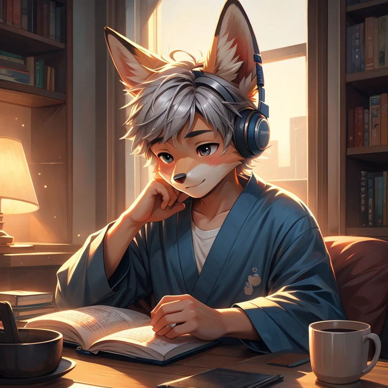 best quality, ((masterpiece)), (detailed), perfect face
masterpiece, highest quality, Spring outfit, Colorful Hair, Upper Body, ((best quality)), perfect face boy, ((highest quality)), morning、Studying in my room listening to the radio with headphones, Silver Kimono, Silver Hair, Fox, Tail, Fox Ears, Warm lighting, Reading a book、 Realistic person with headphones sitting at a table with a laptop, praise boy, praise artstyle, praise art, praise vibes, praise hip hop, Chill Hop, praise portrait, praise cores, Anime atmosphere, The aesthetics of the lofi