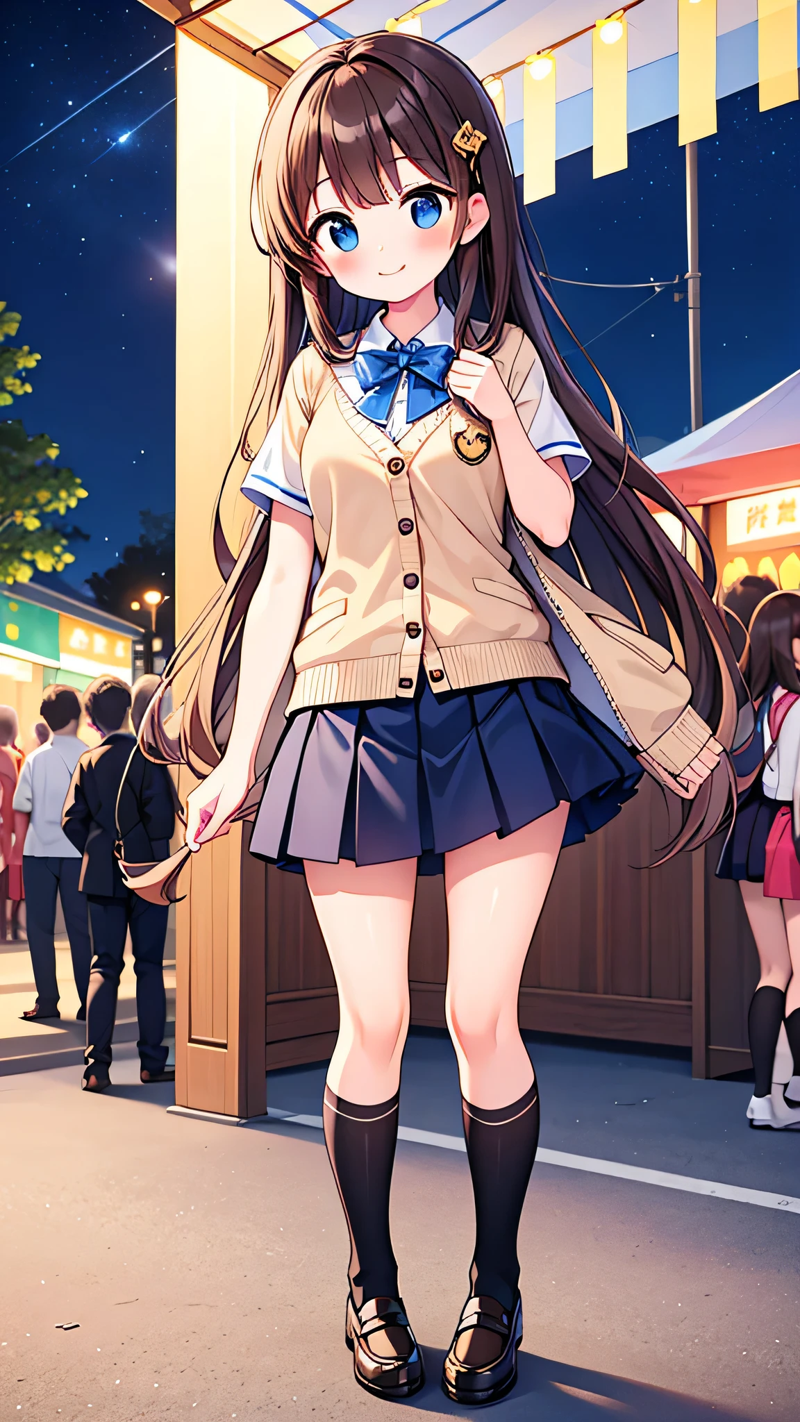 {Highest quality], [Super beautiful], [Ultra fine], [Best illustration], NSFW,Brown Hair, Hime cut, Long Hair, With bangs, girl,,uniform,knit cardigan,Short sleeve,skirt,smile, blush, Slender women,Standing posture,(Public),Night Park,Summer festival,diagonal, Navy blue knee socks,Black loafa