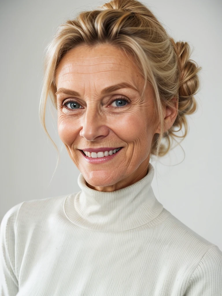 photo of a skinny very old wrinkly-faced faced mature blonde messy long hair thrown into a messy bun ponytail. She wears: (turtleneck soft high ribbed pure white super tight sweater:1.1), submissive seductive pose, high tight ribbed neck, seductive smile, perfect fake tits, horny eager granny, teasing sexy old lady