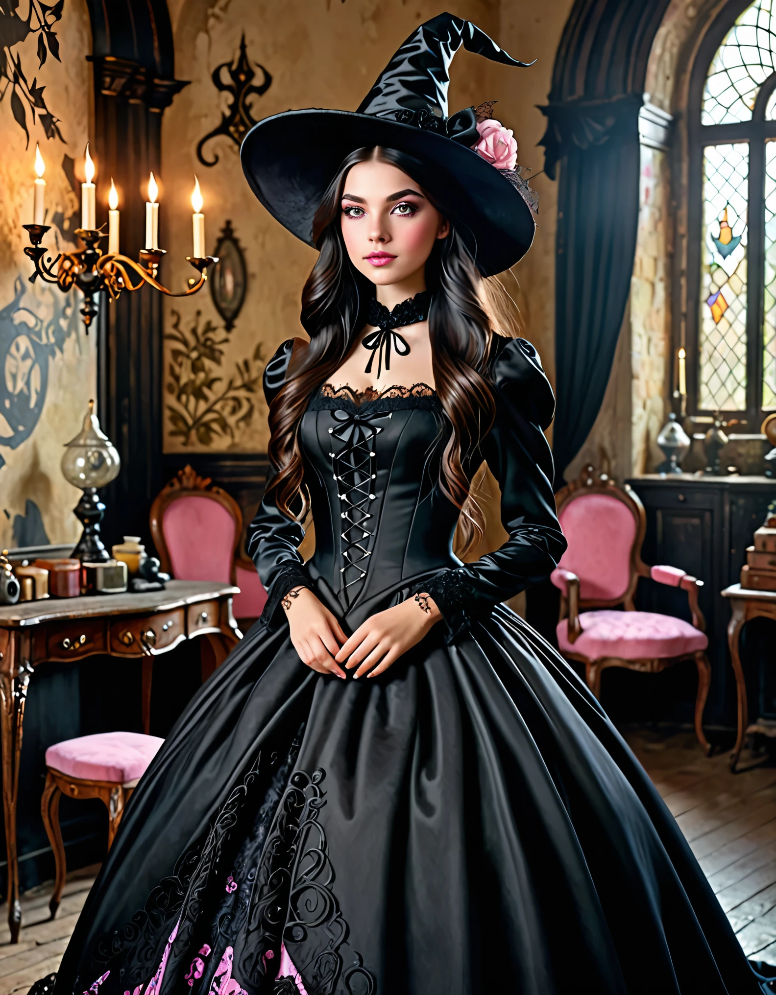 best quality,ultra-detailed,realistic,photorealistic,pink-eyed,long-haired girl looks happy,beautiful detailed eyes,beautiful detailed lips,long eyelashes,best quality portrait painting,detailed,physically-based rendering,ultra-fine painting,fine details,painting,a teenage boy has joined a witch coven and gets magically transformed into a cute teenage witch girl,gender bending,witches are helping dressing up the new girl, who’s happily getting dressed in a stunning black victorian dress, physically-based rendering,gorgeous dress design,flowing gown,elaborate lace details,rich textures,contrast stitching,delicate ribbon bows,floral accents,full skirt,high neckline,long sleeves,fitted waistline,flared cuffs,lace-up back,luxurious fabrics,flawless silhouette,high heels, pink-eyed girl,effeminate face,pointy hat,long black hair,witches assisting in dressing up the new girl,promptly helps the new girl getting dressed in a stunning black Victorian dress, in a old abandoned castle with worned out furniture and occultist witch symbol, high resolution, 4K, 8K