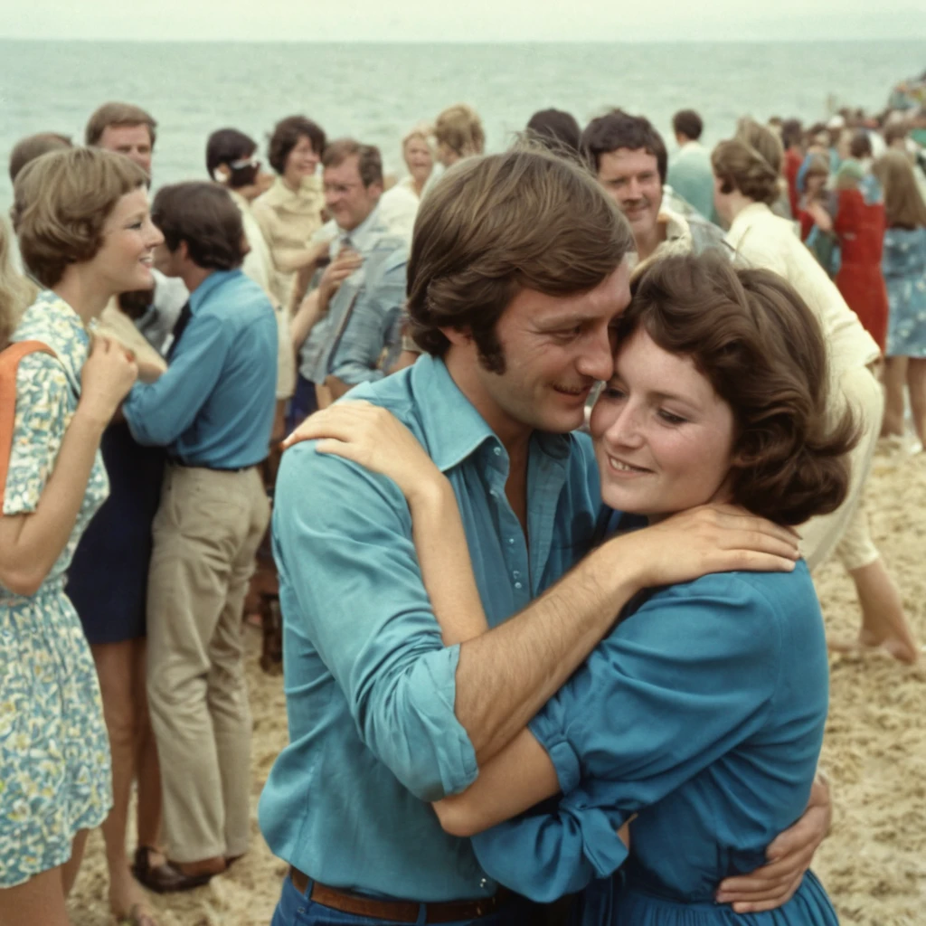 1970s,Lots of people by the sea,man,woman,British,Hugged,respectively,Low saturation photography,high quality,high resolution