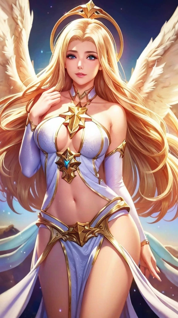 1girl, angel, angel wings, big breasts and exposed breasts, bare shoulders, blonde hair, breast-revealing dress, feathered wings, halo, jewelry, long hair, big breasts, white wings, wings, a beautiful woman with angel wings, Epsylon Point, league of legends splash art, a detailed painting, fantasy art, (masterpiece, best quality:1.5), open belly, standing and 2 hands drop down