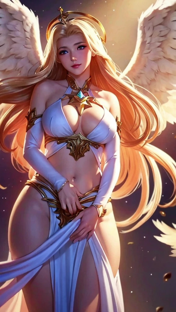1girl, angel, angel wings, big breasts and exposed breasts, bare shoulders, blonde hair, breast-revealing dress, feathered wings, halo, jewelry, long hair, big breasts, white wings, wings, a beautiful woman with angel wings, Epsylon Point, league of legends splash art, a detailed painting, fantasy art, (masterpiece, best quality:1.5), open belly, standing and 2 hands drop down