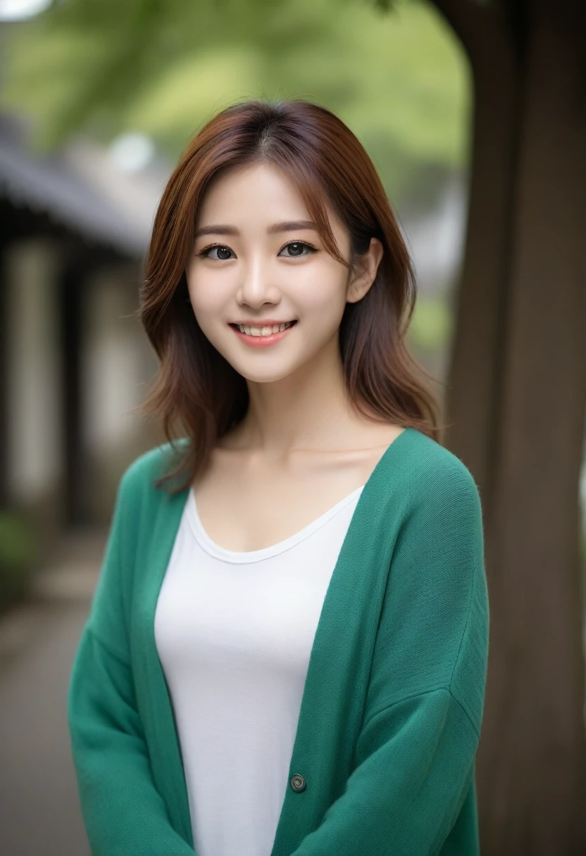 8k, Ultra-high resolution, Highest quality, masterpiece, 三分割法によるphotograph,Surreal, photograph, 1 girl, (16 years old:1.3), pretty girl, Cute face, Beautiful eyes in every detail, 細かくdetailedに,masterpiece,, One Girl:1.2, Japan Female Announcer,Young Wife,Urban area,street tree,green,White shirt,cardigan,Summer knitwear,Full of cleanliness,A carefree smile,Healing the heart,Looking at the audience、beauty,Long neck、Laugh a little、Please close your mouth and laugh、(((Ideal body type))),A-cup small breasts :2,、Portraiture:2、Perfect Anatomy、鮮明なdetailed、detailed、Surreal、Light and shadow,Strong light