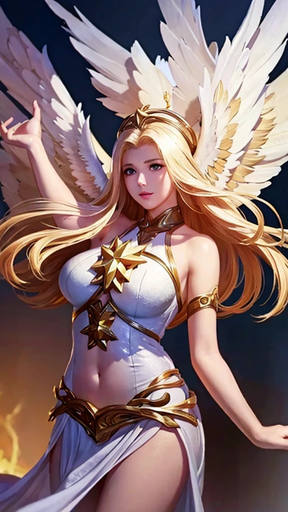 1girl, angel, angel wings, big breasts and exposed breasts, bare shoulders, blonde hair, breast-revealing dress, feathered wings, halo, jewelry, long hair, big breasts, white wings, wings, a beautiful woman with angel wings, Epsylon Point, league of legends splash art, a detailed painting, fantasy art, (masterpiece, best quality:1.5), open belly, standing and 2 hands drop down