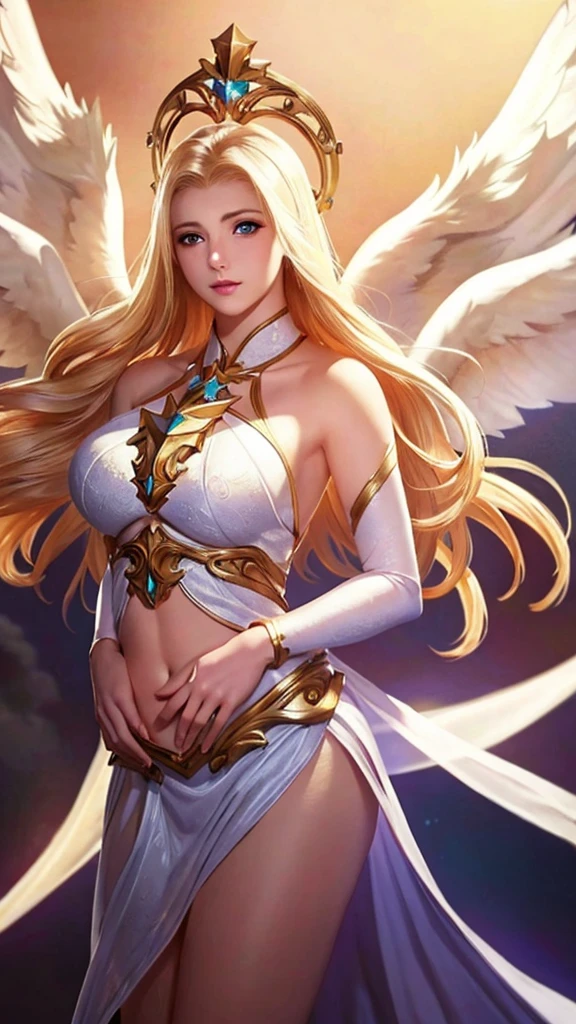 1girl, angel, angel wings, big breasts and exposed breasts, bare shoulders, blonde hair, breast-revealing dress, feathered wings, halo, jewelry, long hair, big breasts, white wings, wings, a beautiful woman with angel wings, Epsylon Point, league of legends splash art, a detailed painting, fantasy art, (masterpiece, best quality:1.5), open belly, standing and 2 hands drop down