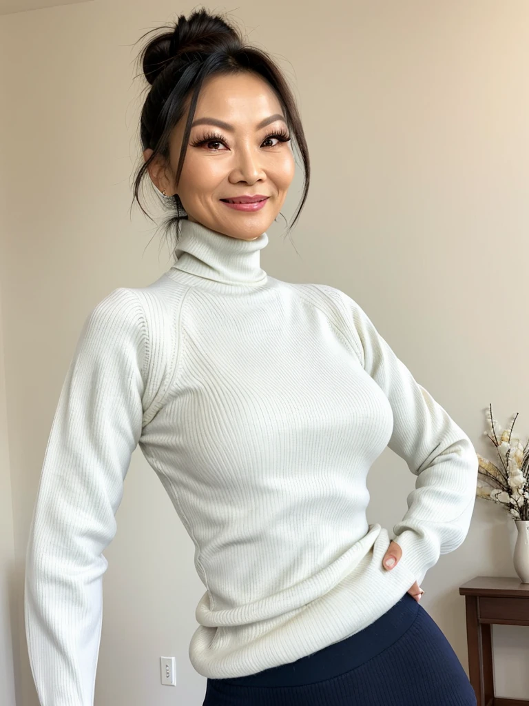 photo of a skinny very old wrinkly-faced faced mature asian prostitute with fake eyelashes and plump-enhanced lips, messy long hair thrown into a messy bun ponytail. She wears: (turtleneck soft high ribbed pure white super tight sweater:1.1), submissive seductive pose, high tight ribbed neck, seductive smile, perfect fake tits, horny eager granny