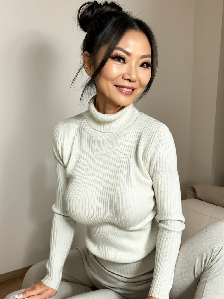 photo of a skinny very old wrinkly-faced faced mature asian prostitute with fake eyelashes and plump-enhanced lips, messy long hair thrown into a messy bun ponytail. She wears: (turtleneck soft high ribbed pure white super tight sweater:1.1), submissive seductive pose, high tight ribbed neck, seductive smile, perfect fake tits, horny eager granny