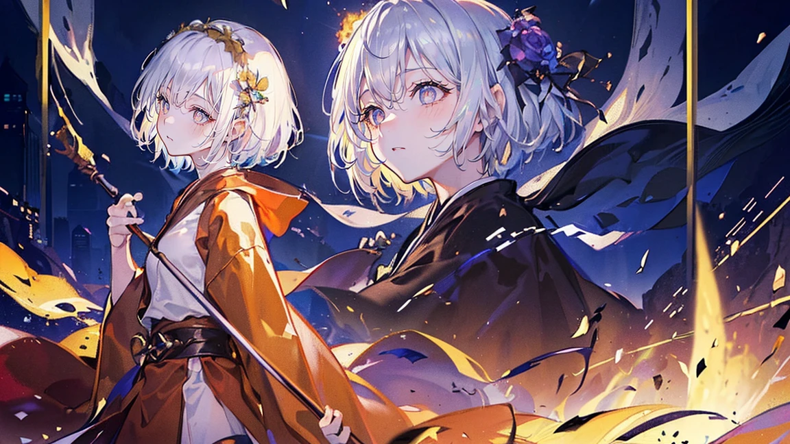 (Very detailed)),((illustration)),((masterpiece)),(((need))),((beautiful、Highest quality CG Unity 8K wallpapers),((4k,masterpiece,best quality)),Girl with short silver hair,Golden pupils,Western monk robe,monk'The robe is covered with thorns,sunhat,Lots of warm colors,Sunlight,Standing on the cliff,brush,There is a drawing board on the side,in the city,The foot is twisted,Behind me is a huge tree full of brains,bird's Perspective,