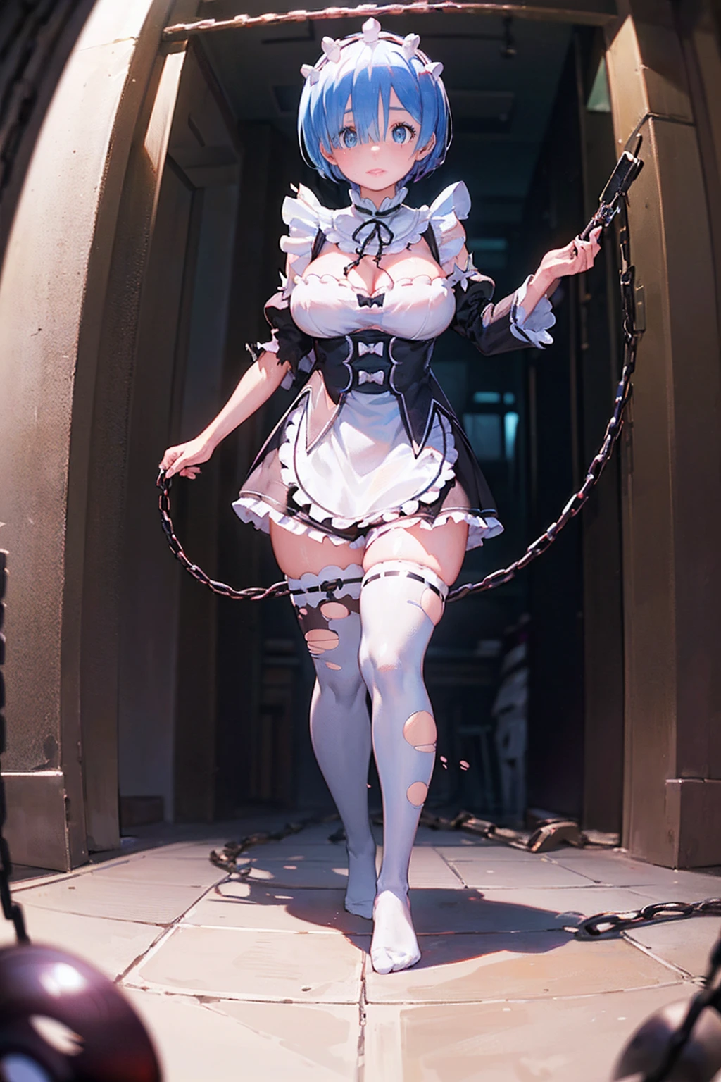 She puts her hands on her hips and glares at me.、Plump、Show your pants、Fighting Pose、Weapons Morningstar、Underground Prison、((The floor beneath my feet is crumbling))、((((Rem in chains)))),(((((Fisheye Lens)))))、(((Super huge breasts)))、((((Plump thighs))))、(((Rem from Re:Zero)))、looking at the camera、High qualityHigh quality、8ｋ、(((((Full body description)))))、Chest、Fantastic、(((((Maid clothes with torn chest)))))、looking at the cameraで、barefoot、(((Tall Rem)))、Sweat splashes、Clothes are ripped off,(Torn knee-high socks)、