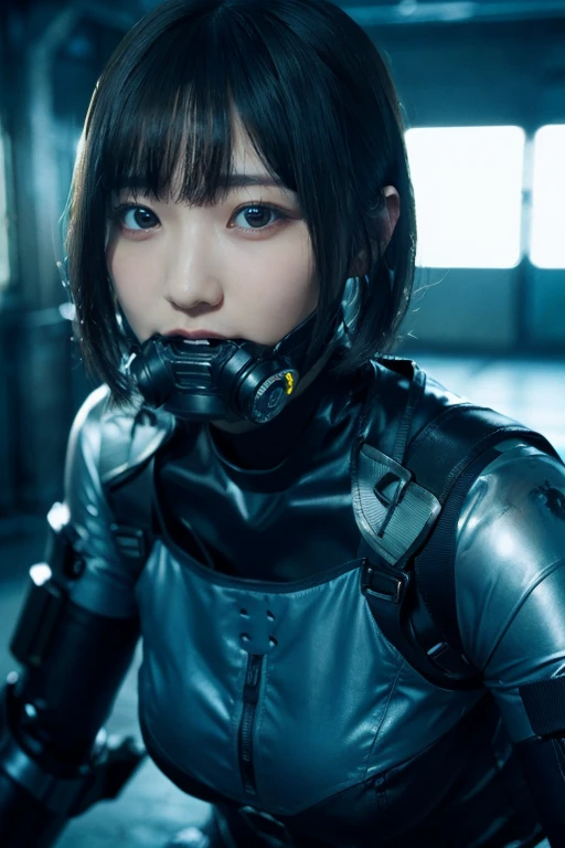 Dark Body 8K Drive Rendering, Teenage Female Cyborg, Green Shortcut Hair, Wear wearing rash-guard likes police uniform, black and gray mecha, wearing high-tech heavy gasmask, military harness, holding a machinegun, battle armor, action SHOT, closes mouth, ((a closed mouth)), Skin pores, Detailed complex iris, Very dark lighting, heavy shadow, Detailed and detailed face, ((photos realistic, realist, Dramatic, murky, sharp focus, 8?And then)), ::Futuristic cyberpunk, Realistic style, ::n_digital-painting style