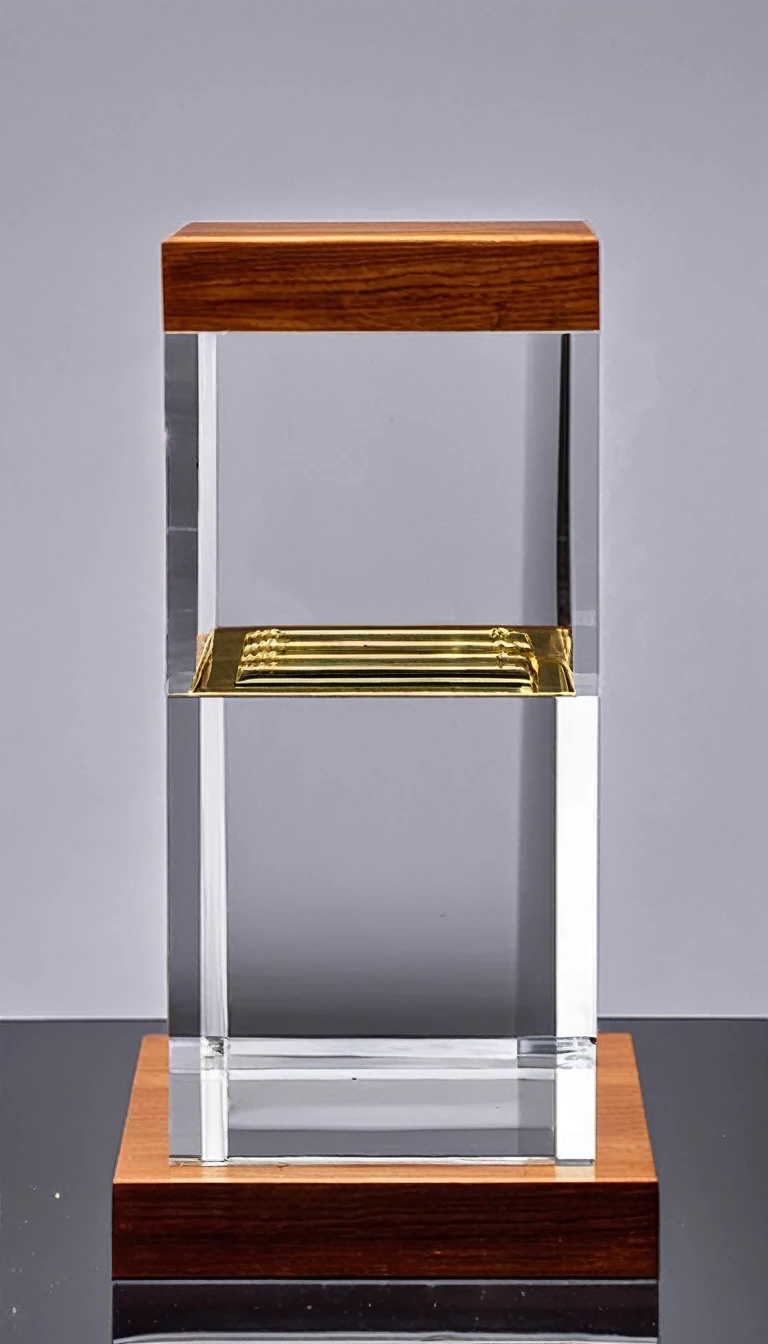 A simple crystal trophy，Wooden square base，There is a metal nameplate on the base；White background，Front view。