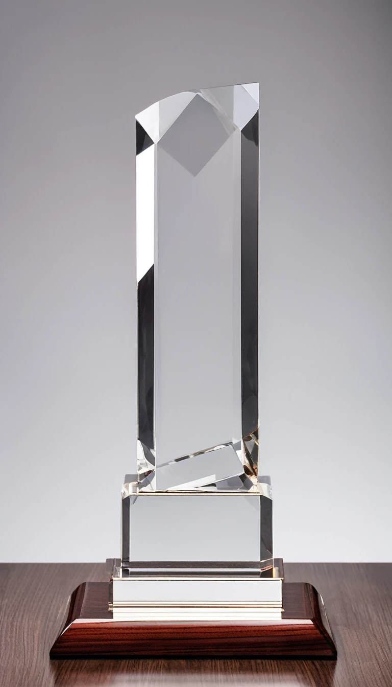 A simple crystal trophy,Wooden square base,There is a metal nameplate on the base;White background,Front view。