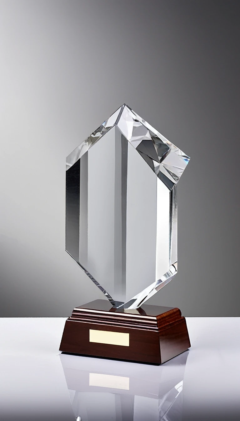 A simple crystal trophy，Wooden square base，There is a metal nameplate on the base；White background，Front view。