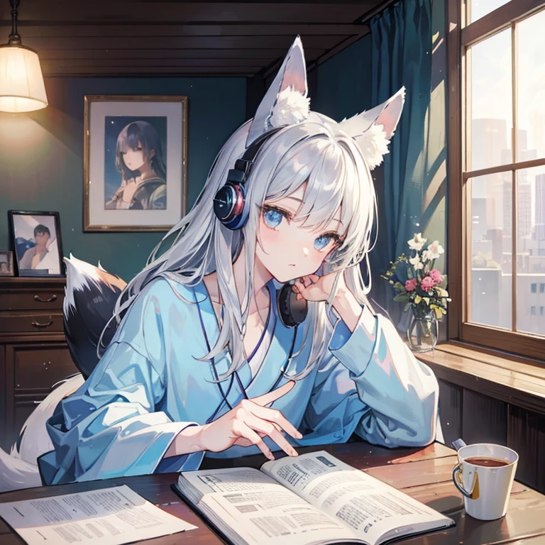 best quality, ((masterpiece)), (detailed), perfect face
masterpiece, highest quality, Spring outfit, Colorful Hair, Upper Body, ((best quality)), perfect face boy, ((highest quality)), morning、Studying in my room listening to the radio with headphones, Silver Kimono, Silver Hair, Fox, Tail, Fox Ears, Warm lighting, Reading a book、 Realistic person with headphones sitting at a table with a laptop, praise boy, praise artstyle, praise art, praise vibes, praise hip hop, Chill Hop, praise portrait, praise cores, Anime atmosphere, The aesthetics of the lofi
