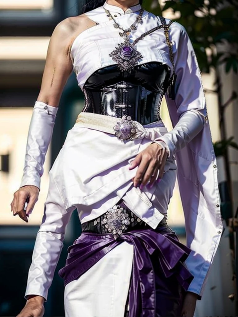 photorealism, full body, a young woman, (((Old Asian woman))), ((Age 70)), tight black latex leggings, white cotton dress shirt, purple leather waist corset, Big muscles, Twintail hairstyle,