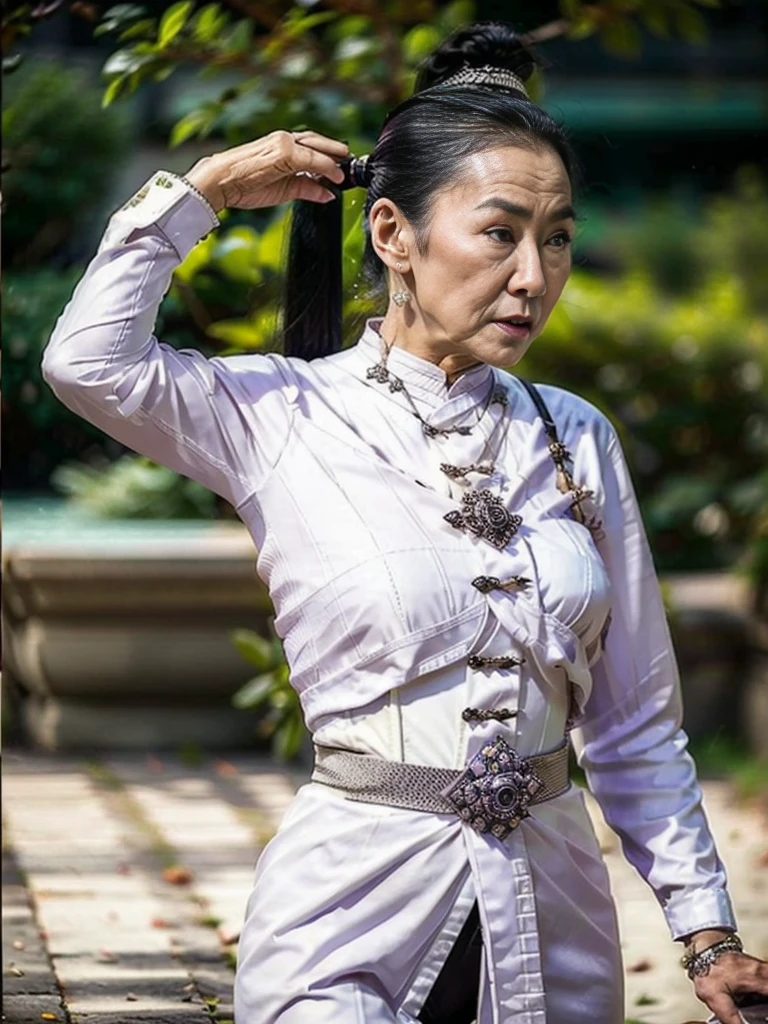 photorealism, full body, a young woman, (((Old Asian woman))), ((Age 70)), tight black latex leggings, white cotton dress shirt, purple leather waist corset, Big muscles, Twintail hairstyle,