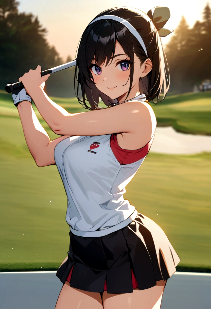 sound　high resolution　8k beauty　Woman playing golf　Golf course　Beautiful woman　Wolf Cut　Black Hair　　Golf Wear　mini skirt　smile　　looking at the camera　nice shot　No sleeve　Sun visor