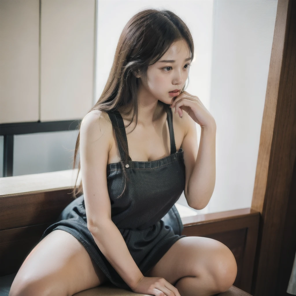 (best quality:1.4), (masterpiece:1.4), (highres:1.2), (extremely detailed:1.2), human body ratio, 1girl, korean girl, (each girl wearing different fashion:1.4), dynamic pose, powerplant, Cool beauty,Looks sweet,(french twist haistyle), only wearing dark green starbucks apron, off-shoulders, show clavage, (show big thigh, plump body), huge breast, full body photo, sitting pose. Side view. In coffee shop