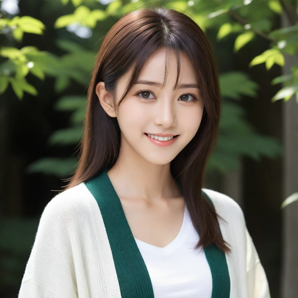 8k, Ultra-high resolution, Highest quality, masterpiece, 三分割法によるphotograph,Surreal, photograph, 1 girl, (:1.3), pretty girl, Cute face, Beautiful eyes in every detail, 細かくdetailedに,masterpiece,, One Girl:1.2, Japan Female Announcer,Young Wife,Urban area,street tree,green,White shirt,cardigan,Summer knitwear,Full of cleanliness,A carefree smile,Healing the heart,Looking at the audience、beauty,Long neck、Laugh a little、Please close your mouth and laugh、(((Ideal body type))),A-cup small breasts :2,、Portraiture:2、Perfect Anatomy、鮮明なdetailed、detailed、Surreal、Light and shadow,Strong light 