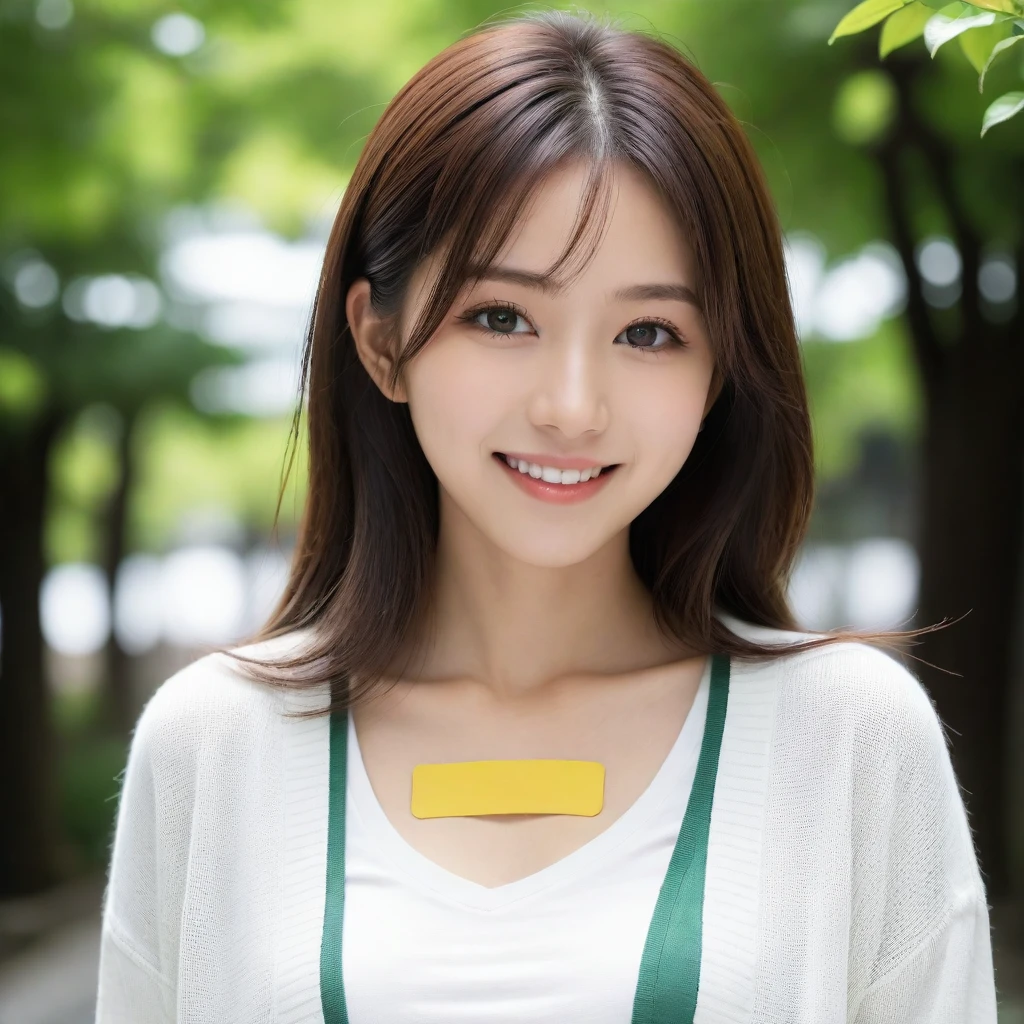 8k, Ultra-high resolution, Highest quality, masterpiece, 三分割法によるphotograph,Surreal, photograph, 1 girl, (16 years old:1.3), pretty girl, Cute face, Beautiful eyes in every detail, 細かくdetailedに,masterpiece,, One Girl:1.2, Japan Female Announcer,Young Wife,Urban area,street tree,green,White shirt,cardigan,Summer knitwear,Full of cleanliness,A carefree smile,Healing the heart,Looking at the audience、beauty,Long neck、Laugh a little、Please close your mouth and laugh、(((Ideal body type))),A-cup small breasts :2,、Portraiture:2、Perfect Anatomy、鮮明なdetailed、detailed、Surreal、Light and shadow,Strong light