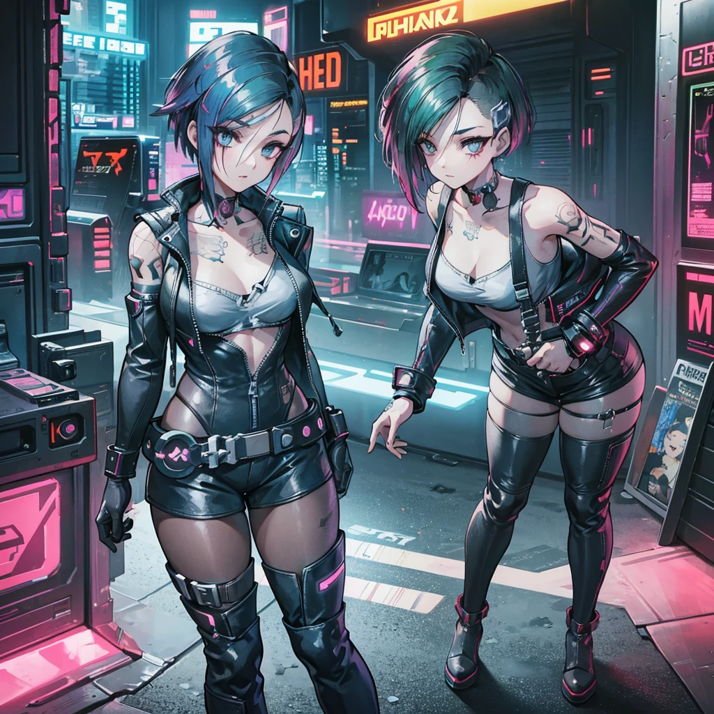 Create an anime-style, high-resolution, ultrasharp 8K masterpiece of Judy Alvarez from "Cyberpunk 2077." She has a punk-inspired look with partially shaved sides and the rest of her hair dyed in vibrant colors. Her expressive eyes are highlighted with bold, edgy makeup. She sports a series of intricate tattoos covering her neck, arms, and torso, adding to her rebellious aura. Judy wears a stylish, futuristic outfit with a mix of leather and neon accents, embodying the gritty, cyberpunk aesthetic. The background should reflect the neon-lit streets of Night City, emphasizing the urban, high-tech environment. Capture her confident, determined expression as she stands ready, showcasing her role as a skilled braindance technician and fierce protector of the marginalized.