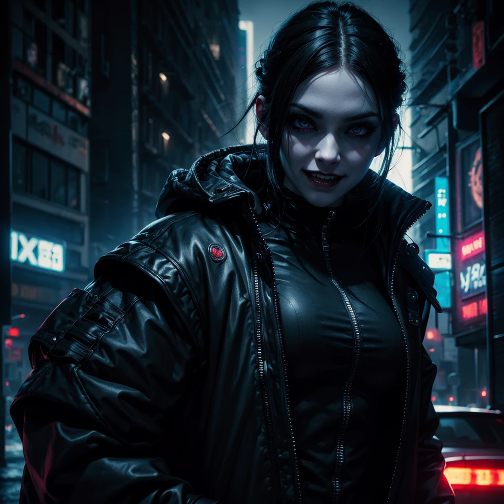 a dark vampire girl with pale skin, pointed fangs, disturbing smile, piercing gaze, dark makeup, black hair, cyberpunk outfit, glowing neon lights, dystopian city background, cinematic lighting, dramatic colors, high contrast, photorealistic, masterpiece, 8k, hyper-detailed
