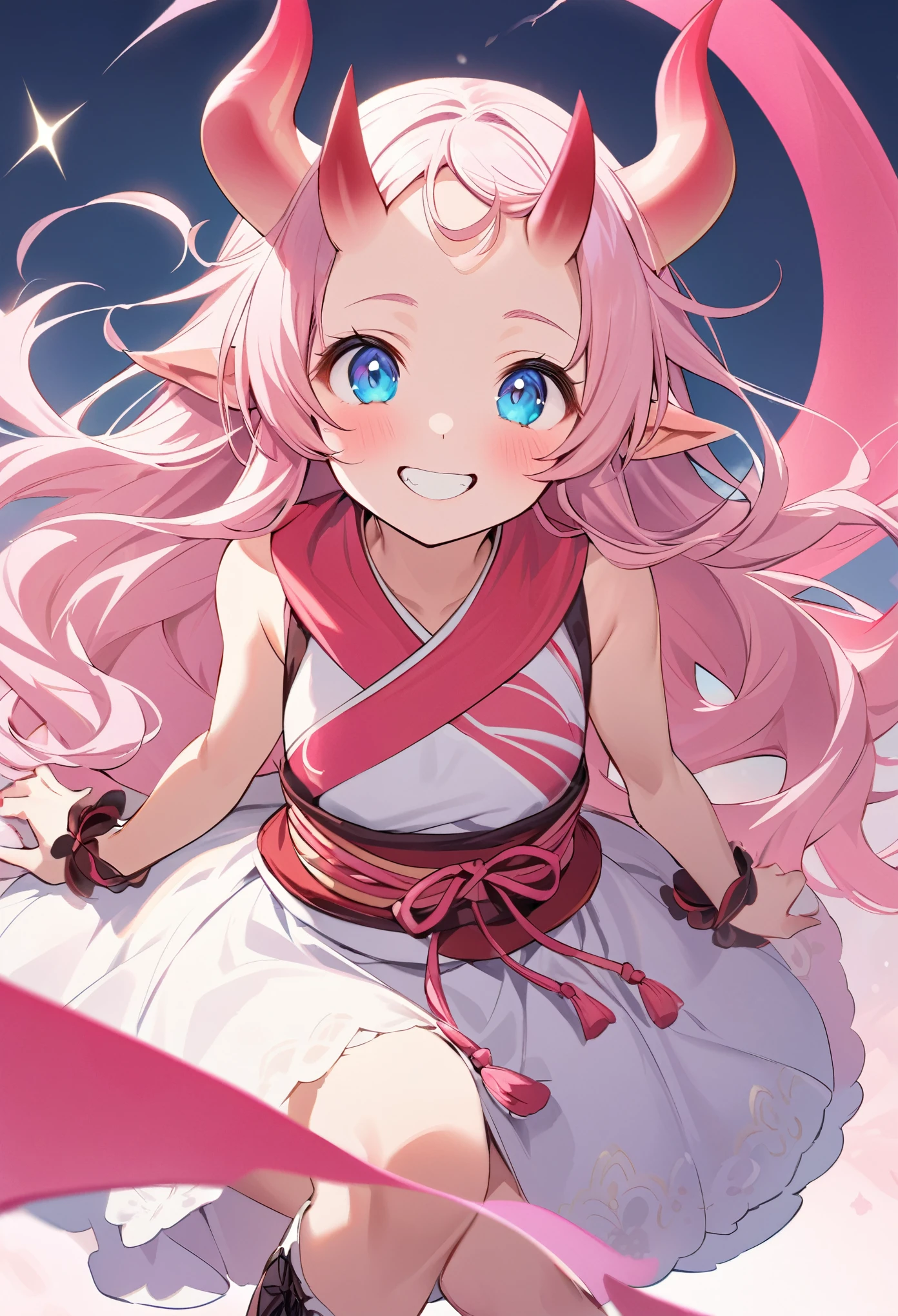 A close-up, frontal view of a cute and adorable pink oni girl, her youthful features framed by her distinctive, sharp horns. Her large, blue expressive eyes are drawn in a playful, slightly surprised shape, and they sparkle with mischief. Her smooth, rosy cheeks are accentuated by a pair of delicate pink blushes, emphasizing her innocence and girlish charm. Her long, flowing hair cascades down over her shoulders in a gentle wave, each strand painted a vibrant shade of hot pink. Her lips are painted a soft, coral shade, inviting you to take a closer look at her playful grin. She wears a traditional oni garb, consisting of a sleeveless top that accentuates her toned physique and a short, fluffy skirt that flutters around her knees as she moves. She has two, pink oni horns curving from her forehead. Around her neck, she wears a bright red obi sash, tied in a playful bow, and a pair of black, lace-up boots complete her look. The background is a soft, dreamy shade of pastel pink, adding to the overall kawaii atmosphere of the image.