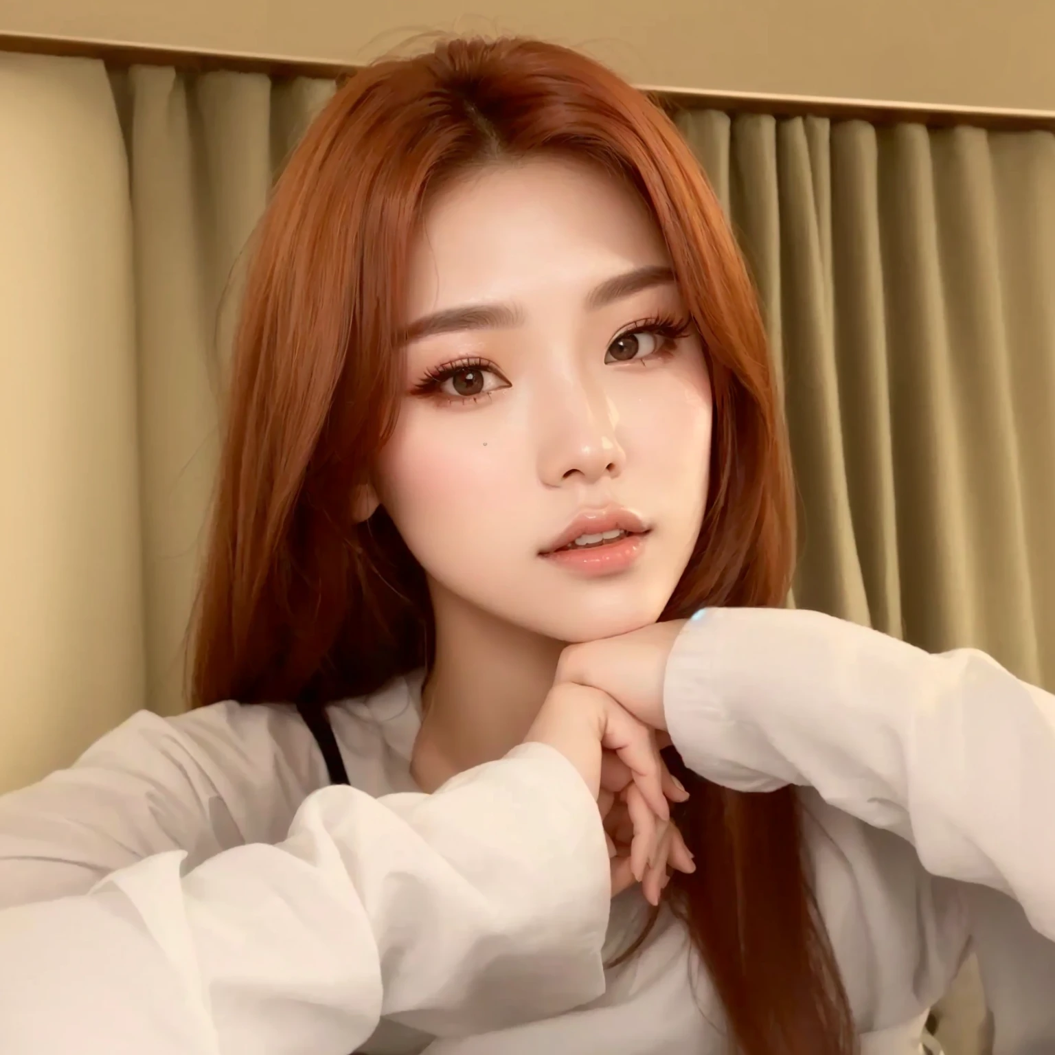 un primer plano de una mujer con el pelo largo y rojo sentada en una cama, Hermosa joven coreana, hermosa mujer surcoreana, Hwang Yeji ITZY, muchacha coreana, maquillaje popular de corea del sur, Hermosa joven coreana, Hwang Yeji, pale korean adorable face, portrait of yeji de itzy, Maquillaje coreano popular, Hwang Yeji, joven y adorable rostro coreano, Yeji de ITZY