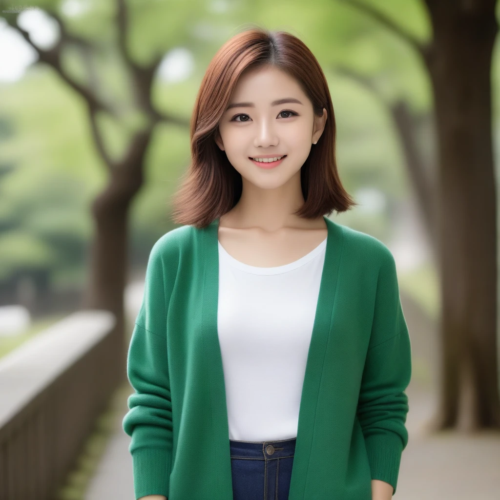 8k, Ultra-high resolution, Highest quality, masterpiece, 三分割法によるphotograph,Surreal, photograph, 1 girl, (16 years old:1.3), pretty girl, Cute face, Beautiful eyes in every detail, 細かくdetailedに,masterpiece,, One Girl:1.2, Japan Female Announcer,Young Wife,Urban area,street tree,green,White shirt,cardigan,Summer knitwear,Full of cleanliness,A carefree smile,Healing the heart,Looking at the audience、beauty,Long neck、Laugh a little、Please close your mouth and laugh、(((Ideal body type))),A-cup small breasts :2,、Portraiture:2、Perfect Anatomy、鮮明なdetailed、detailed、Surreal、Light and shadow,Strong light