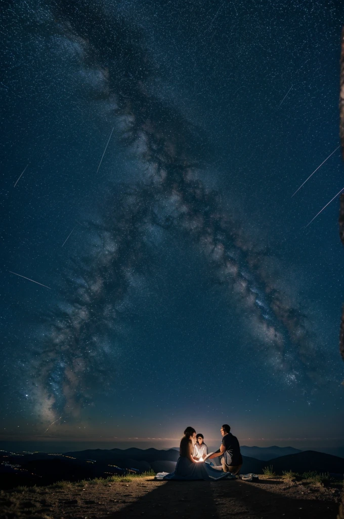 on the mountain at night There were two women and a man lying down watching shooting stars.