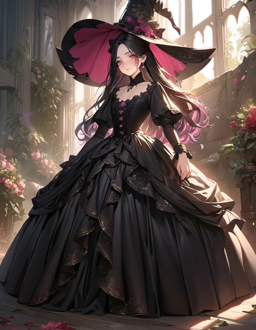best quality,ultra-detailed,realistic,photorealistic,pink-eyed,long-haired girl looks happy,beautiful detailed eyes,beautiful detailed lips,long eyelashes,best quality portrait painting,detailed,physically-based rendering,ultra-fine painting,fine details,painting,a age boy has joined a witch coven and gets magically transformed into a cute teenwitch girl,gender bending,witches are helping dressing up the new girl, who’s happily getting dressed in a stunning black victorian dress, physically-based rendering,gorgeous dress design,flowing gown,elaborate lace details,rich textures,contrast stitching,delicate ribbon bows,floral accents,full skirt,high neckline,long sleeves,fitted waistline,flared cuffs,lace-up back,luxurious fabrics,flawless silhouette,high heels, pink-eyed girl,effeminate face,pointy hat,long black hair,witches assisting in dressing up the new girl,promptly helps the new girl getting dressed in a stunning black Victorian dress, in a old abandoned castle with worned out furniture and occultist witch symbol, high resolution, 4K, 8K