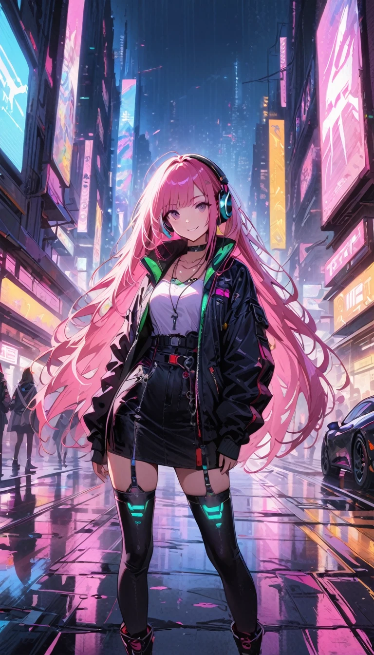 1girl,cyberpunk, Chinese girl, translucent，Wearing headphones，futuristic city, neon lights, high-tech, digital sky, large moon, flying cars, futuristic dress, glowing earphones, jewelry, necklace, long hair, transparent accessories, dynamic pose, smiling, facing camera, ultra-realistic, high-quality, 8K resolution, detailed, futuristic, modern fashion, traditional elements, glowing jewelry, cyberpunk fashion