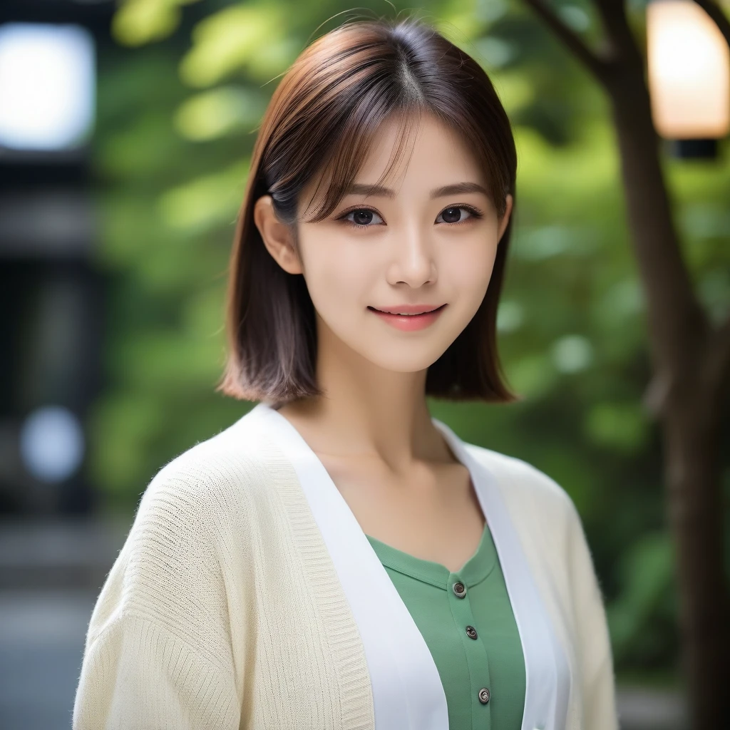 8k, Ultra-high resolution, Highest quality, masterpiece, 三分割法によるphotograph,Surreal, photograph, 1 girl, (16 years old:1.3), pretty girl, Cute face, Beautiful eyes in every detail, 細かくdetailedに,masterpiece,, One Girl:1.2, Japan Female Announcer,Young Wife,Urban area,street tree,green,White shirt,cardigan,Summer knitwear,Full of cleanliness,A carefree smile,Healing the heart,Looking at the audience、beauty,Long neck、Laugh a little、Please close your mouth and laugh、(((Ideal body type))),A-cup small breasts :2,、Portraiture:2、Perfect Anatomy、鮮明なdetailed、detailed、Surreal、Light and shadow,Strong light