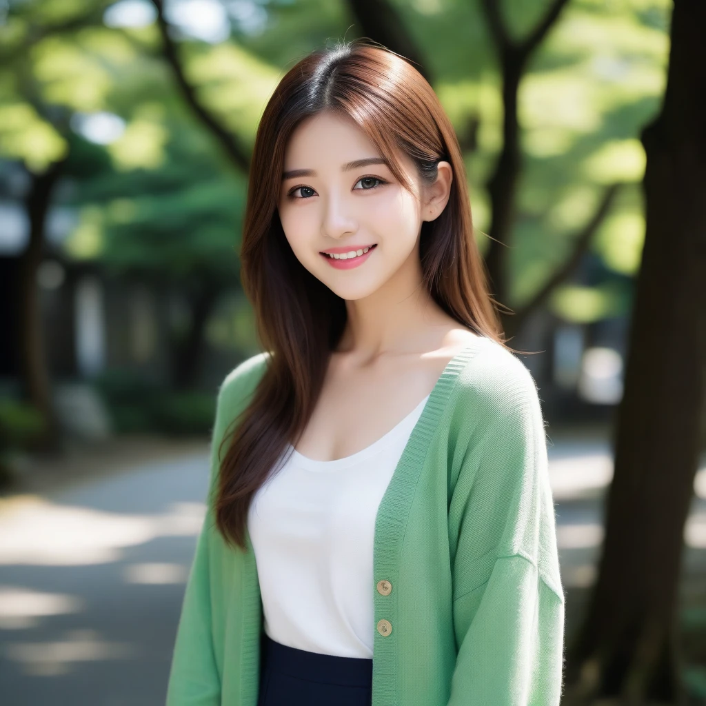 8k, Ultra-high resolution, Highest quality, masterpiece, 三分割法によるphotograph,Surreal, photograph, 1 girl, (16 years old:1.3), pretty girl, Cute face, Beautiful eyes in every detail, 細かくdetailedに,masterpiece,, One Girl:1.2, Japan Female Announcer,Young Wife,Urban area,street tree,green,White shirt,cardigan,Summer knitwear,Full of cleanliness,A carefree smile,Healing the heart,Looking at the audience、beauty,Long neck、Laugh a little、Please close your mouth and laugh、(((Ideal body type))),A-cup small breasts :2,、Portraiture:2、Perfect Anatomy、鮮明なdetailed、detailed、Surreal、Light and shadow,Strong light 