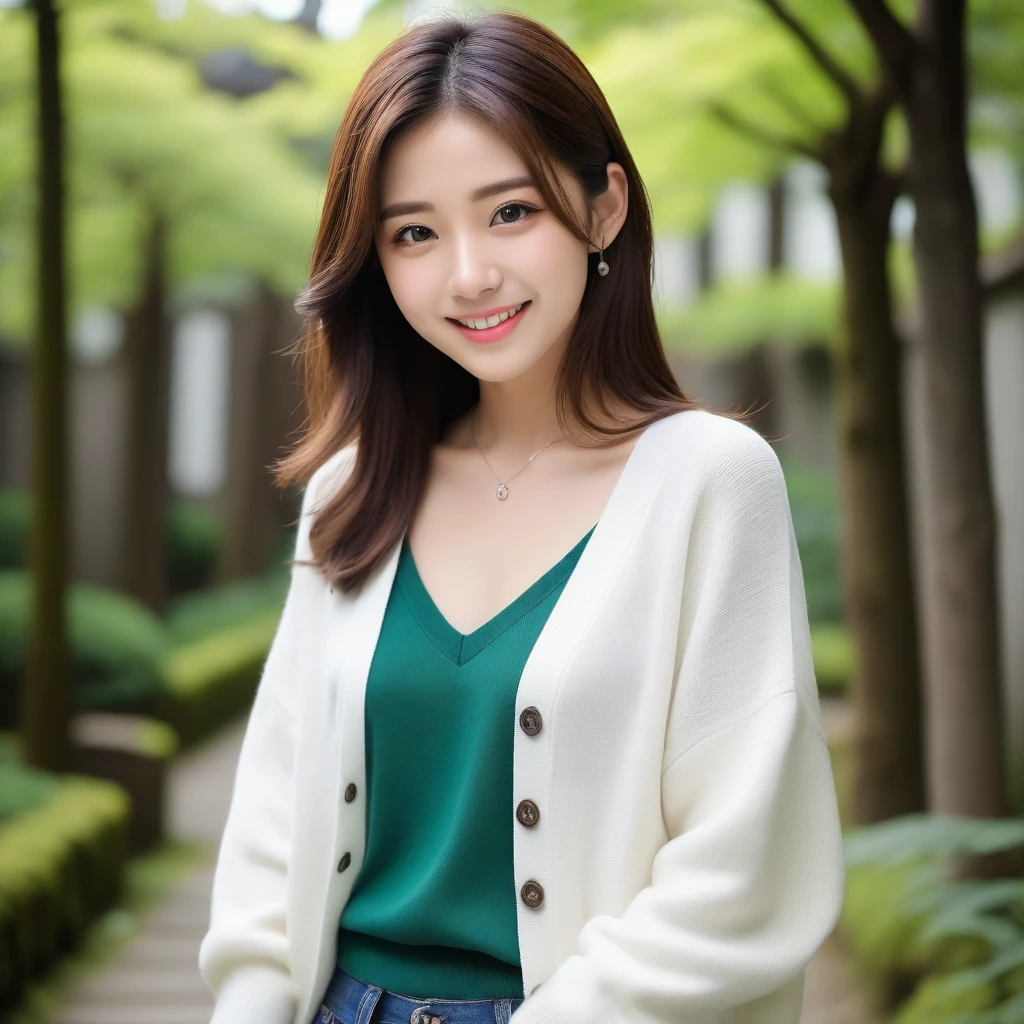 8k, Ultra-high resolution, Highest quality, masterpiece, 三分割法によるphotograph,Surreal, photograph, 1 girl, (16 years old:1.3), pretty girl, Cute face, Beautiful eyes in every detail, 細かくdetailedに,masterpiece,, One Girl:1.2, Japan Female Announcer,Young Wife,Urban area,street tree,green,White shirt,cardigan,Summer knitwear,Full of cleanliness,A carefree smile,Healing the heart,Looking at the audience、beauty,Long neck、Laugh a little、Please close your mouth and laugh、(((Ideal body type))),A-cup small breasts :2,、Portraiture:2、Perfect Anatomy、鮮明なdetailed、detailed、Surreal、Light and shadow,Strong light