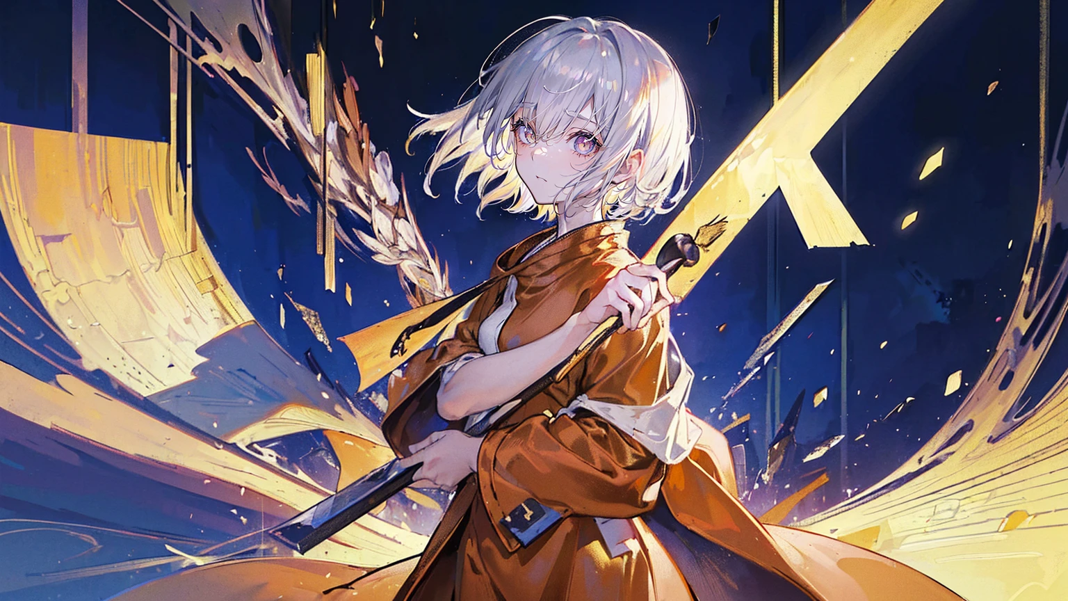 (Super detailed)),((illustration)),((masterpiece)),(((need))),((fine、Highest quality CG Unity 8K wallpapers,masterpiece),((4k,masterpiece,best quality)),Girl with short silver hair,Golden pupils,Western monk robes,The monk's robe is covered with thorns,Gold and silver sun hat,Lots of warm colors,sunshine,Standing on the cliff,brush,There is a drawing board on the side,Describing the city,The feet have been twisted,Church stained windows,Bird's-eye view,Medieval style