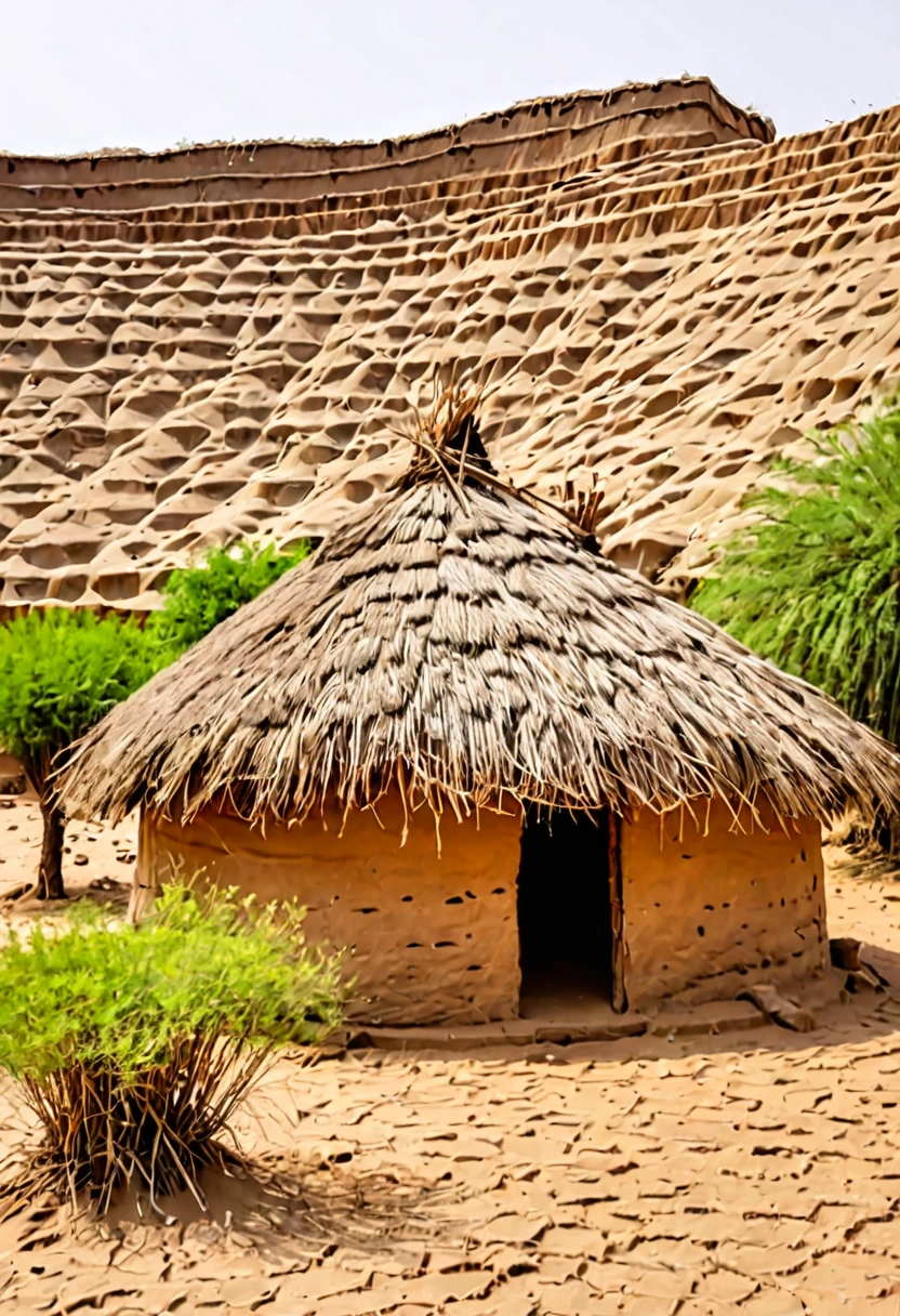 a beautiful hut in the desert, west rajasthan indian village, grass roof and mud walls, there are desert plants over there, professional photography