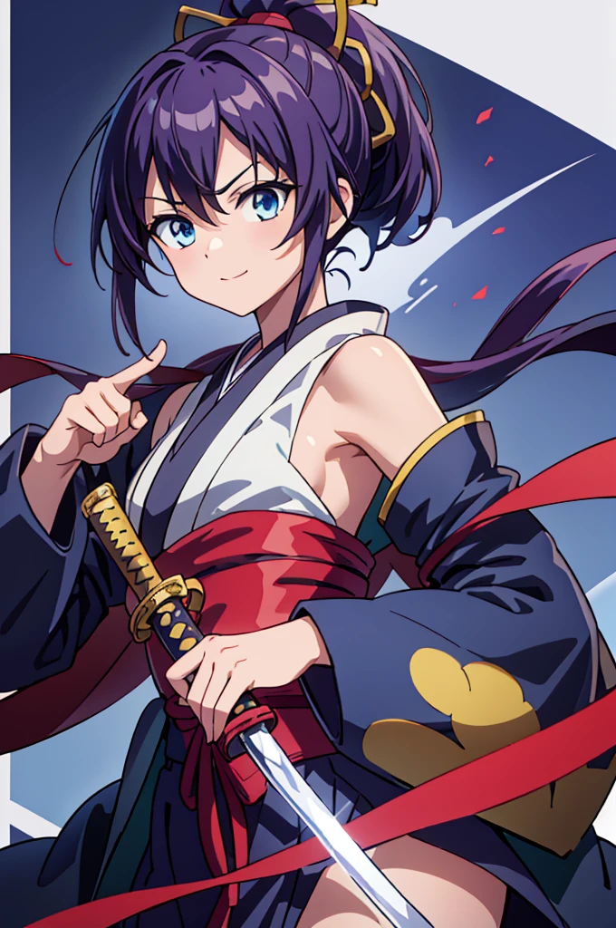 Highest quality, masterpiece, High resolution, alone, （Rurouni Kenshin: Saito Hajime），（ponytail_Hairstyle），smile，（Dentitions），Killer，kimono，Japanese sword，（Jinhaori），Evening sky_background，Young Girl，Anime Style, Highest quality, 4k, masterpiece,， alone, 1,whole body，looking at the camera, Shinkai Makoto style, （dark blue_coat）Sharp Eyes，Low posture，Thrust/Sword，（Full Finger）, （Accurate fingertips）, （The finer details）, （Anatomically correct）, (映画のbackground), Hyper Detail, (Subtle details), (Intricate details),