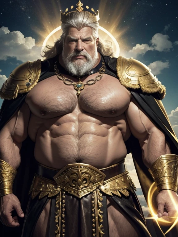 Imagen hiperrealista de un anciano con cara de Tom Platz, over 79 years old superhero holy imperial king grey-haired Nordic warrior with a huge crown of gold and gems and a halo of light on his head super heavy and very fat very handsome bodybuilder with huge flabby pecs and very large and pointed nipples very sweaty in a sky of very white clouds wearing only a Roman skirt of leather and gold and a velvet cape on the shoulders with an ermine collar 