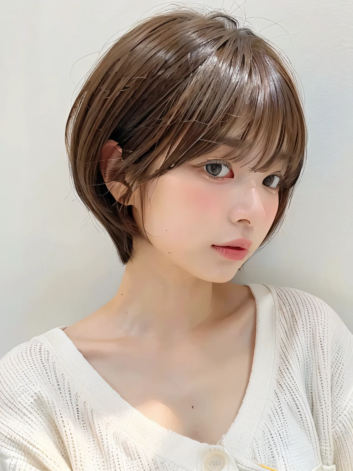 Stylish spring clothes、Fluffy hair、(White wall as background、Yellow cardigan:1.4)、White wall、In front of the white door、(A room with a white wall and a window)、((highest quality、8k、masterpiece:1.3))、Ultra-high resolution、(photoGenuineistic:1.4)、RAW Photos、Japanese,(detailed aspects)、Genuine、Photographed in natural light、Highly detailed face and skin texture、Highly detailed lips、The correct state of the human body、short hair、Brown Hair、Mr.々A pose、short hair、Shortcuts、Natural color lip、Pixie Cut、Very Short Hair、profile、Looking at this、In bed