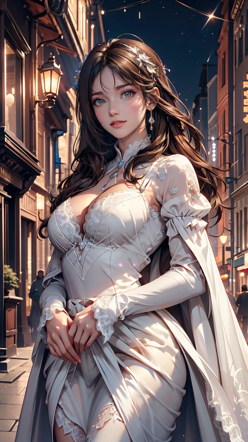 masterpiece, (Front Focus), Surrealist female portrait, Fantasy art, realism, Dynamic Lighting, Art Station, Poster, Volumetric lighting, Highly detailed face, black and fluffy eyes, Sparkling Eyes,4K, Award-winning, 1 Girl, Modest,Full Body Shot, (Formal attire: 1.4,white lace gown), Street lights, Dark brown hair,