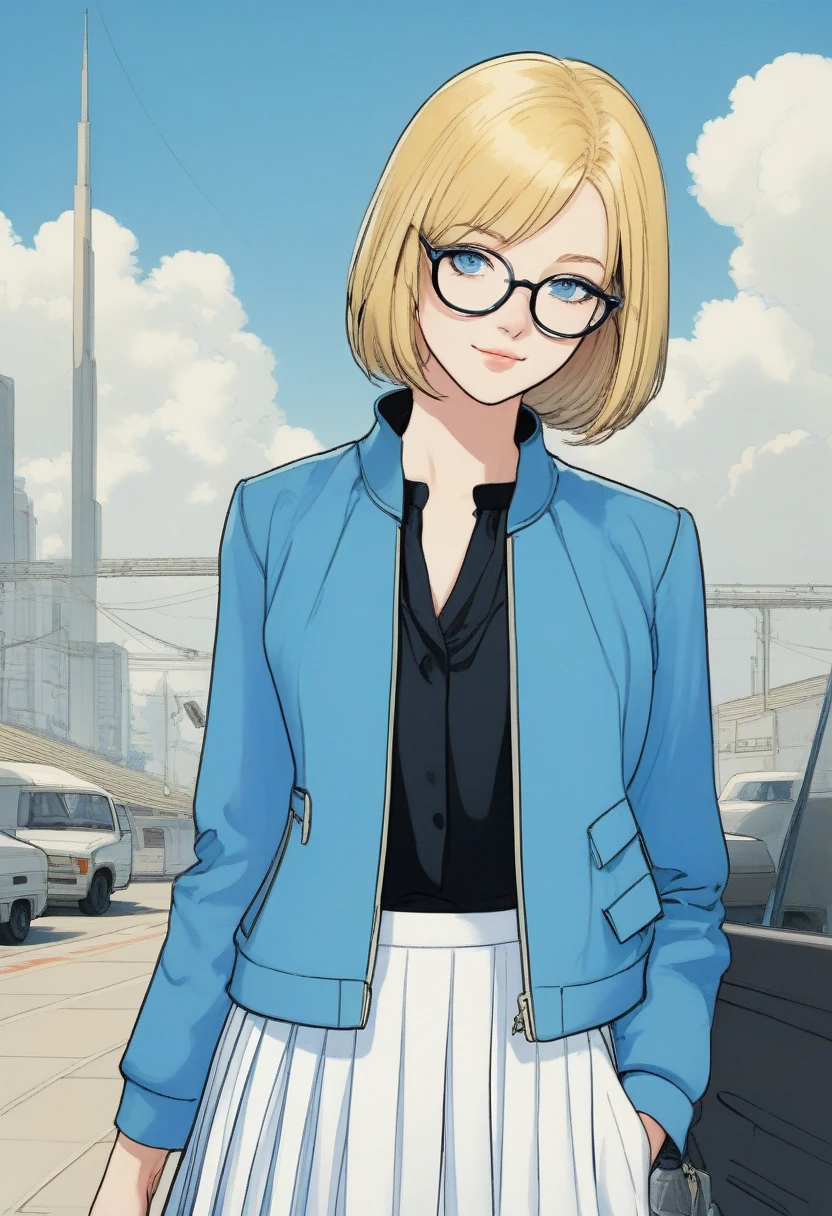 divine beautiful girl, beautiful face, solo, full body, standing, medium bob cut blonde hair, light blue eyes, two points glasses, medium breasts, blue opened short jacket, white blouse, white long pleats skirt, blue high heels, soft smile, pinch one's glasses, perfect hands and perfect fingers, black background, no background, pastel 2d art, matte painting, anime, masterpiece
