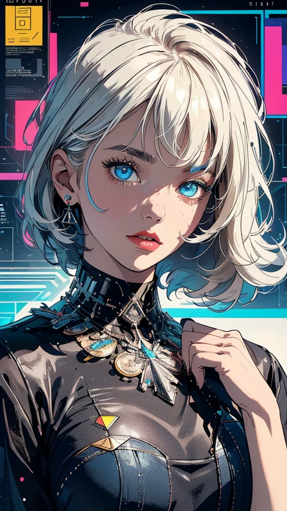 (((masterpiece, highest quality))),(((solo:1.2))),(((1girl:1.2))),32k wallpaper, very detailed, poster, vintage science fiction, 1960s,(((((geometric cinematic movie poster))))), (bauhaus), shape,(((abstract))), mid century modern, movie poster, vintage, Perfect Lady,1970's, halftone, speech bubble,(((portfolio,Close-up))),(((various angle))),(((bust up))),((highlight)),Vast landscape,((((heterochromia)))),(((complete. detailed face))),(((Extremely talented))),(((most complecated machine)))