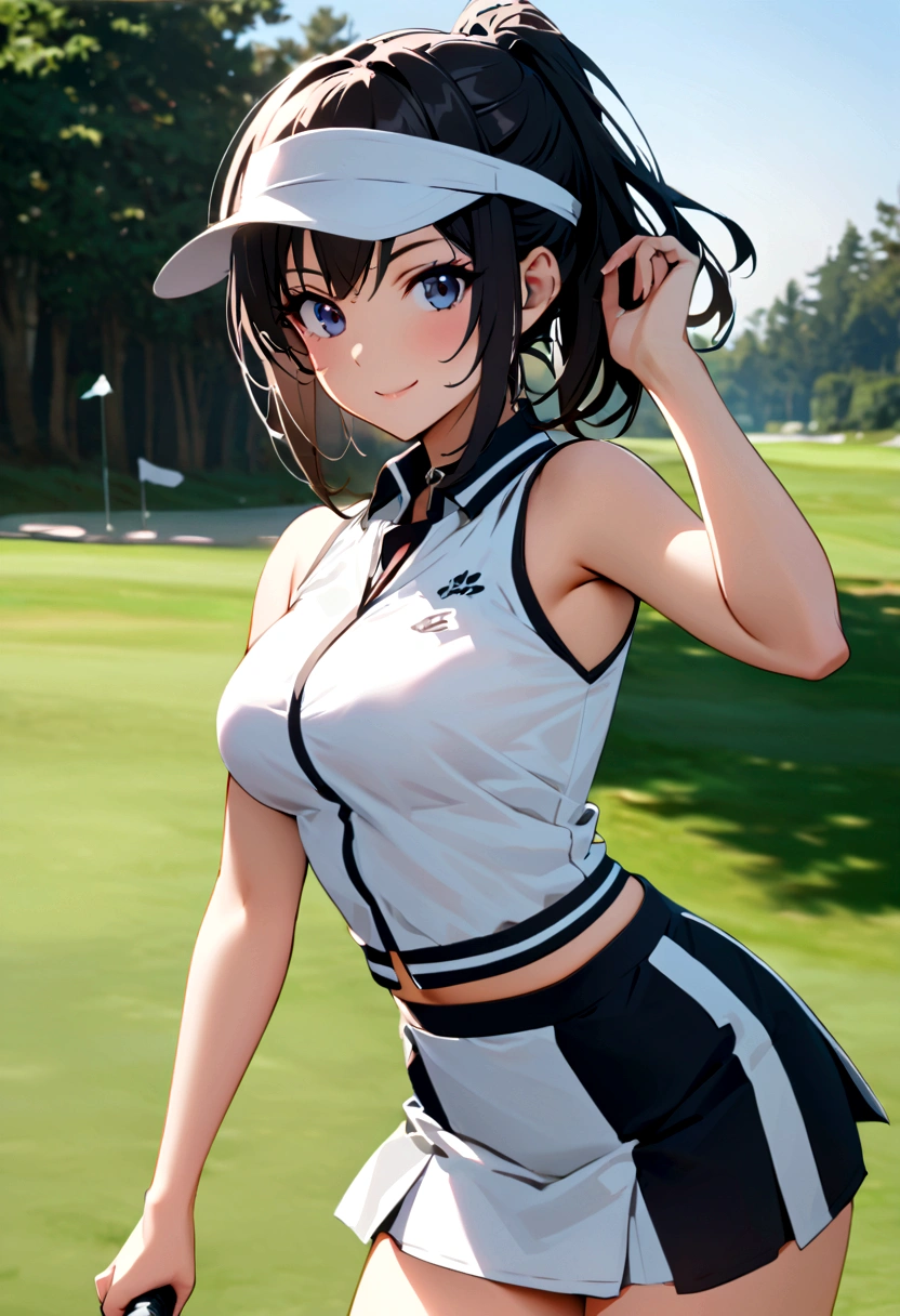 sound　high resolution　8k beauty　Woman playing golf　Golf course　Beautiful woman　Wolf Cut　Black Hair　　Golf Wear　mini skirt　smile　　looking at the camera　nice shot　No sleeve　Sun visor