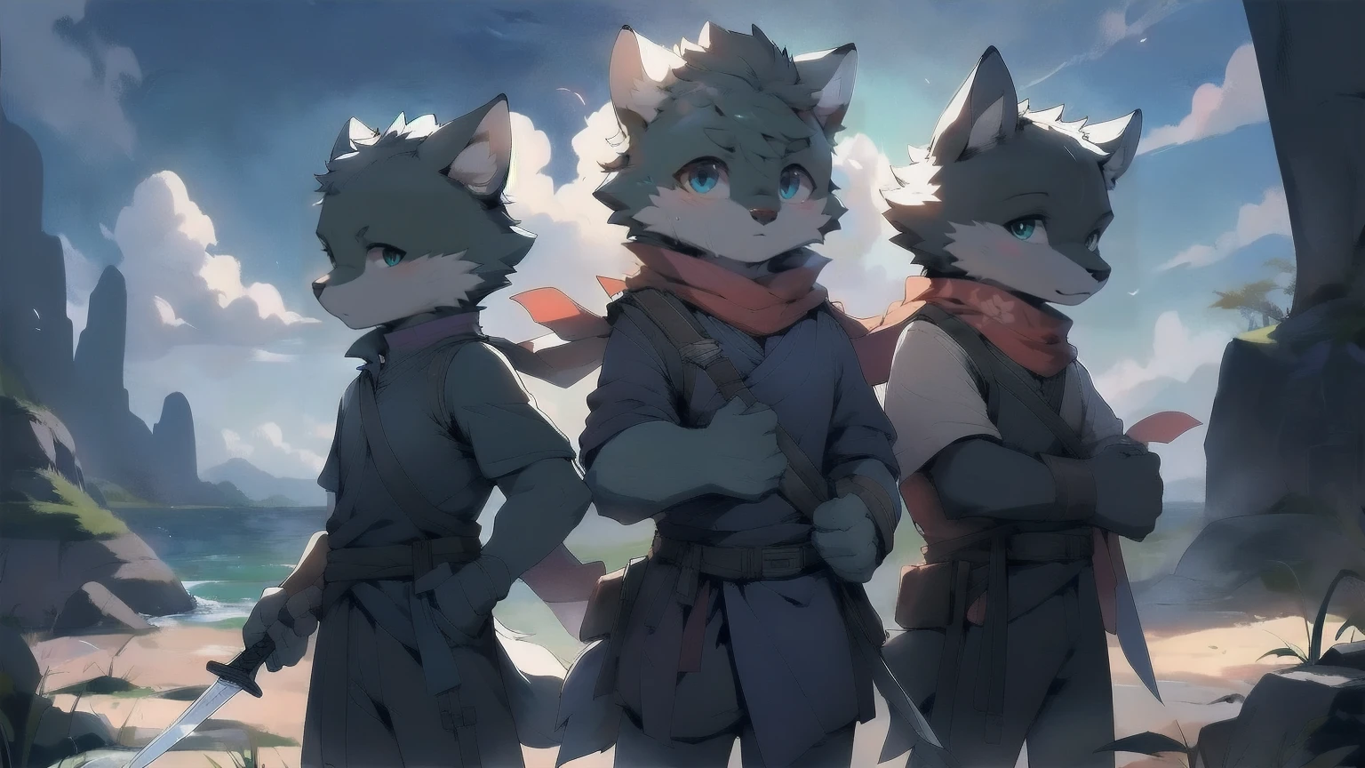 Wolf,juvenile,male,Gray-black fur,Sky blue eyes,Ancient combat uniform,scarf,Holding a long sword,Scabbard back,permanent,The only one,dawn,illumination,Break