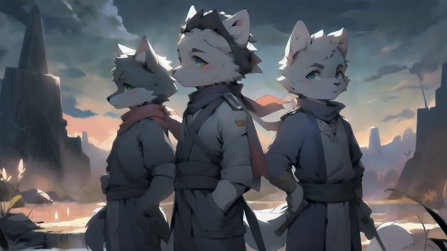Wolf,juvenile,male,Gray-black fur,Sky blue eyes,Ancient combat uniform,scarf,Holding a long sword,Scabbard back,permanent,The only one,dawn,illumination,Break